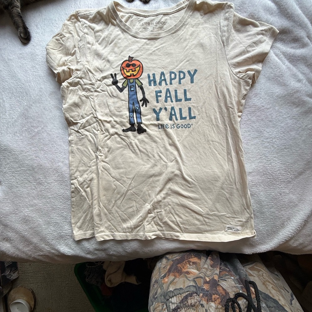 Life Is Good Cream Short Sleeve Tee with Autumn Graphic